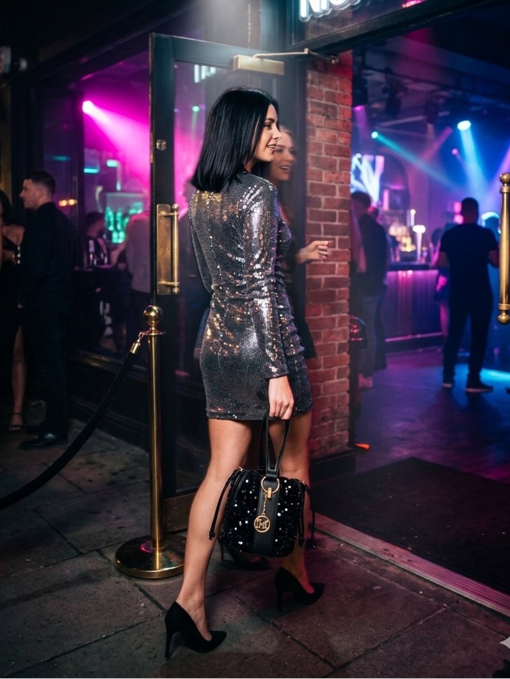 Badgley Mischka Black Sequin Bucket Bag with Gold Charm NWT $149 Retail - Picture 4 of 4
